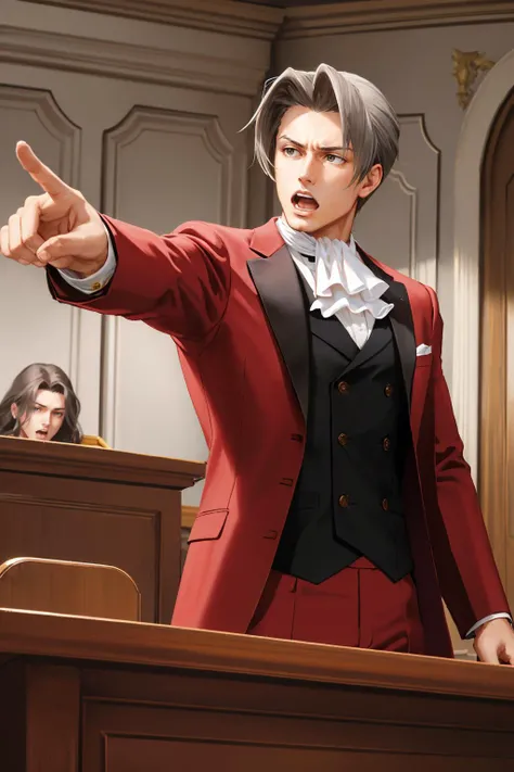 <lora:aa_dp-11:1> miles edgeworth, grey hair, parted bangs, formal, red suit, ascot, vest, red pants, upper body, open mouth, objection, pointing
masterpiece, best quality, absurdres, courtroom