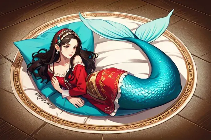 mermaid, woman,seashore, head decorations, pearl, long hair, dark hair, turquoise top, lying on your side,white chemise, scales ...