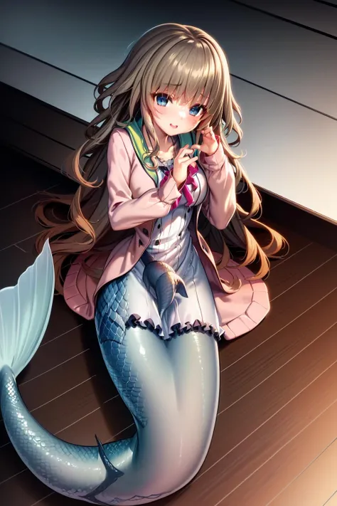 anime girl sitting on a mermaid tail talking on a cell phone