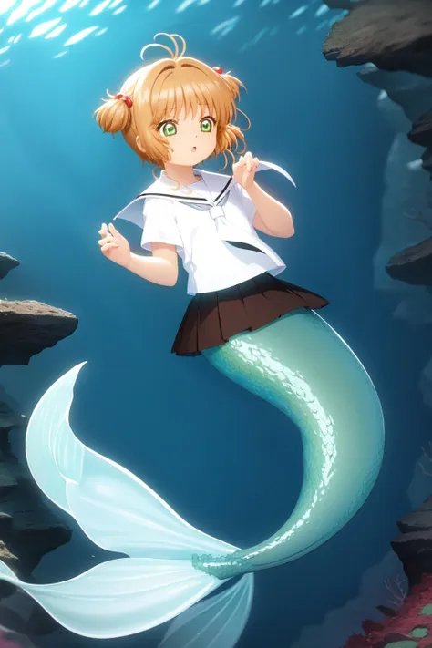 anime girl in sailor outfit swimming in the ocean with a fish tail