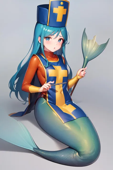 a woman in a blue and yellow outfit sitting on a mermaid tail