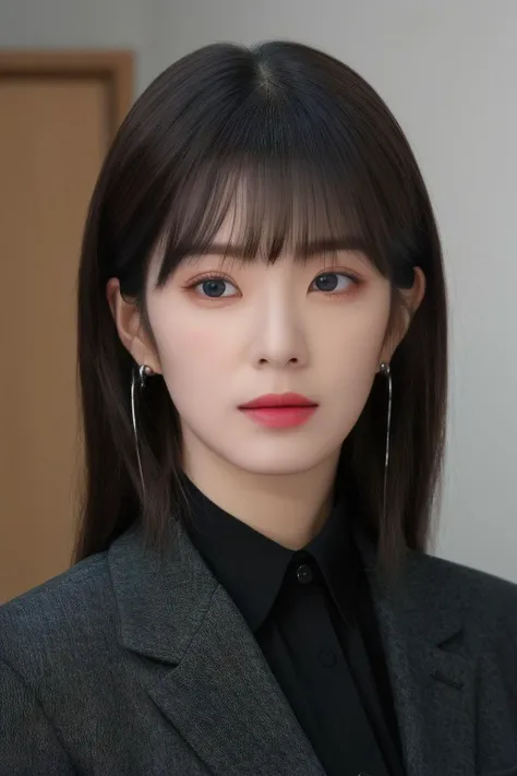 irene 1girl, solo, (realistic), (hyperrealism), (best quality), (masterpiece), (ultra high res), (ultradetailed), (photorealistic), (upper body:1.2), bangs, looking at the viewer, black jacket, at the studio, light eye makeup, detailed eyes, detailed face,...