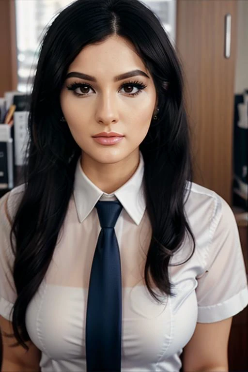 <lora:sniperwolf-06:0.6> , sniperwolf,
 ,photo of a woman,  , perfect hair, beautiful perfect skin, ((busy office)), (modern photo, necktie, shirt), 24mm, (analog, cinematic, film grain:1.3), , detailed eyes, (upper body), (looking at viewer), earrings, (e...