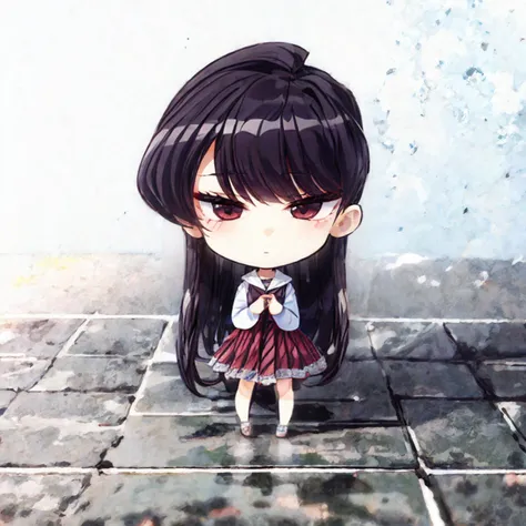 anime girl with long black hair and a red skirt standing on a tiled floor