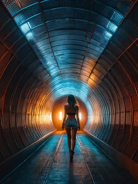 a girl in metal tunnel lit up by a light, in the style of textured surface layers, woven/perforated, ceramic, data visualization, smooth curves, circular shapes, urban minimalism,cowboy shot,  <lora:nudify_xl:0.25> topless, best quality, masterpiece, highr...