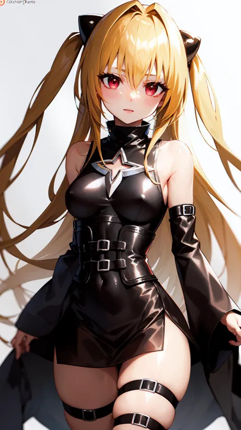 <lora:golden_darkness:0.8> golden_darkness, long hair, very long hair, two side up, hair ornament, medium breasts, hair intakes, hair between eyes, golden_darkness, long hair, very long hair, two side up, looking at viewer, thigh strap, hair ornament, deta...