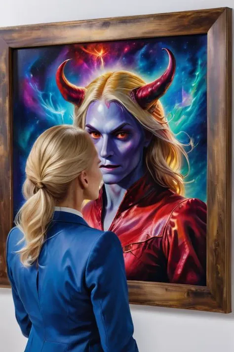 a woman in a blue jacket looking at a painting of a demon