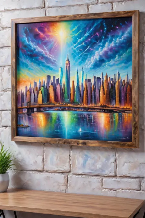 a painting of a city skyline with a rainbow colored sky