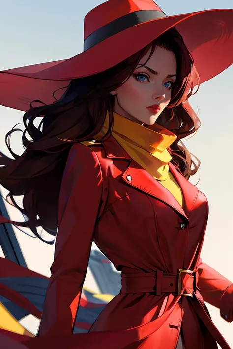 straight-on, upper body, solo, BREAK CARTOON_carmen_sandiego_ownwaifu,  carmen_sandiego, long hair, black hair, lipstick, makeup, red lips, breasts, lips, blue eyes, mature female, curly hair, dark skin, long legs, narrow waist, curvy, trench coat, witch h...