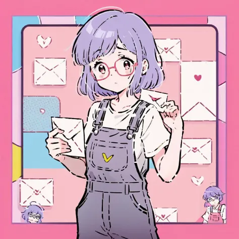 The image depicts a cartoon-style character with purple hair. The character is wearing a white top that prominently features the letter "A". A colorful backdrop, possibly pink and framed, surrounds the character, enhancing the overall whimsy and anime-like...