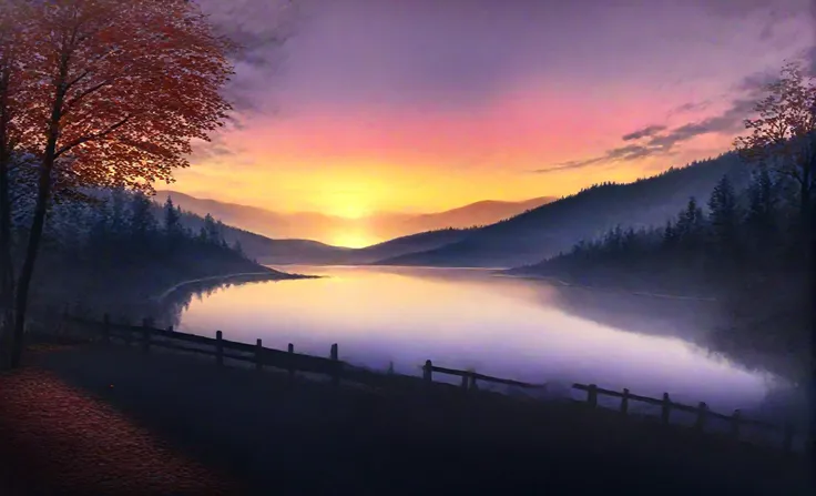 scenery,hazy lighting,Moody atmosphere,godrays,(mountainous horizon:1.3),lake,nature,petals,tree,(water:1.2),(sunset:1.3),forest,1girl,autumn,autumn leaves,a matte painting,building,dusk,cloud,fence,gradient sky,lake,long sleeves,outdoors,road,scenery,skir...