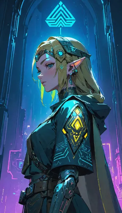 masterpiece, best quality, high quality, Cyberpunk Zelda, close-up, portrait, cyberpunk style, cyberspace, neon lights, cinematic scene, detailed background, vivid