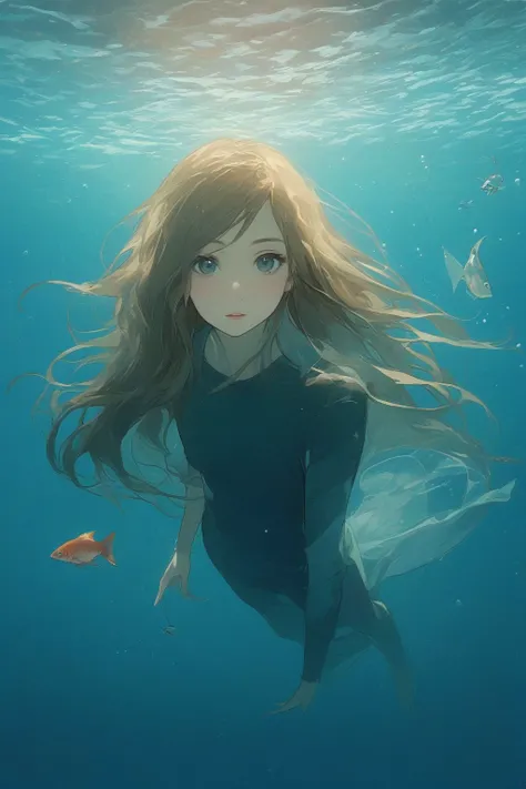 (masterpiece, best quality, highres, anime), (1girl, long hair, looking at viewer, blush, underwater, fish, ocean),