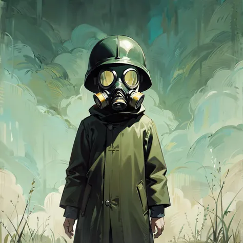 boy in a gas mask, world war, scene by Amy Earles, abstract-expressionism, dark, gestural, eerie, watercolor, whimsical,