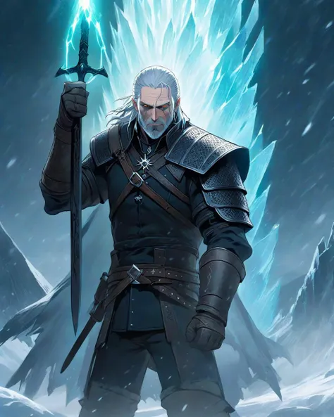 Anime, Geralt of Rivia, the renowned Witcher with cat-like eyes, faces off against an imposing Ice Giant in the midst of a howling blizzard. The landscape around them seems frozen in time, with each movement deliberate and deadly. Above, the Northern Light...