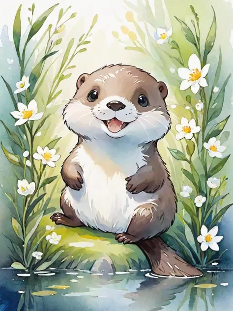 Watercolor painting (((masterpiece))),(best quality),
illustration of a little forest creature,(completely white picture),(white flower),cuteg,smile,(stuffed otter),extremely soft colors,white theme,watercolor,by Hannah Dale, . Vibrant, beautiful, painterl...