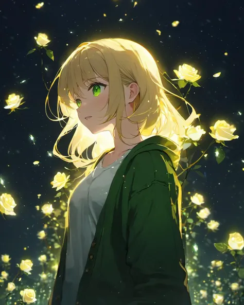 face focus, masterpiece, best quality, 1girl white roses, petals, night background, fireflies, light particle, solo, blonde hair, green eyes, yellow cardigan, standing, pixiv, depth of field, cinematic compotision, best lighting, looking up