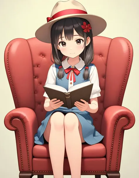 1girl, sitting in a chair reading a book wearing a fedora, crossed legs,, cute style