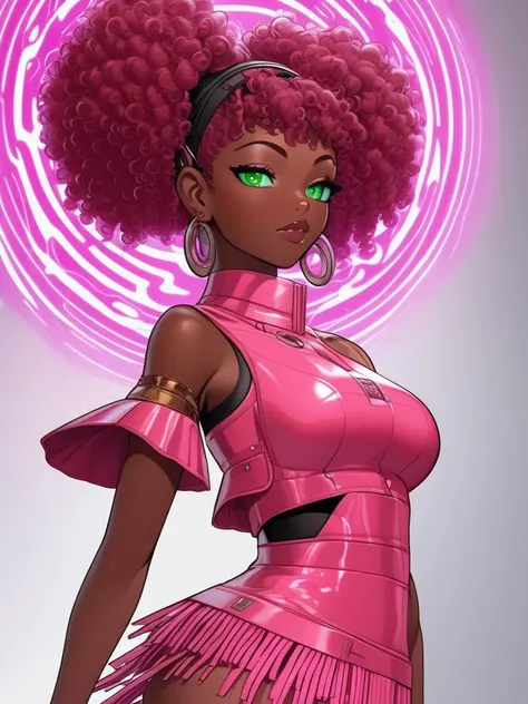 anime, manga, 2d, (masterpiece), (best quality), (highly detailed), 
female, female Virtual Catwalk Producer, , Midlife, Curvy, Sub-Saharan African, Emerald eyes,  , Burgundy Voluminous curls hair, Affection, Cybernetic Extension, Character extends a cyber...