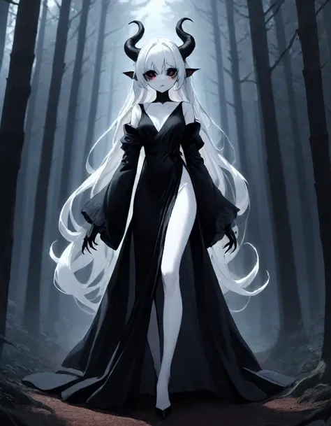 far away view, long angle, walking around a dark forest, a very pale white skin demon girl with black horns, (pitch black eyes:1),( wearing wrap gown:1.3) , ( black gradient arms and legs:1.2) ,long white hair , well lit , very skinny, <lora:WB2.2:1>