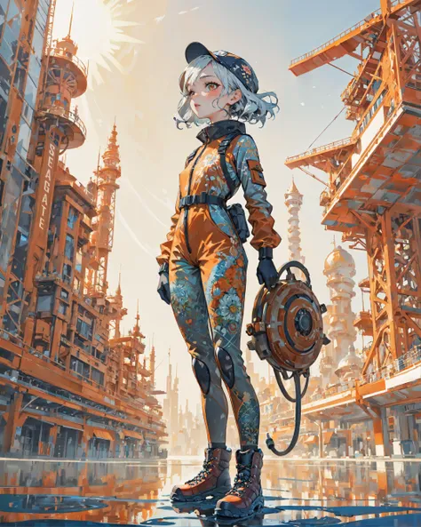 sketch of a girl, fullbody, white background, (art by Tristan Eaton:0.8) , masterwork 60s illustration style of a hyper detailed, Rusty (Girl:1.1) , Painting, wearing Nomex Fishing waders, Fantasy Face Paint, Shimmering Department store in background, Sun ...