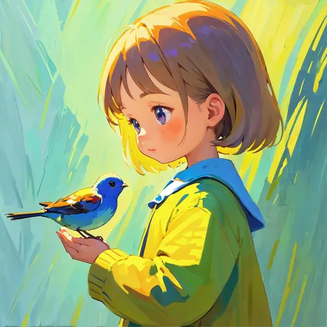 impressionist painting of an small girl holding a little bird, loose brushwork, vibrant color, light and shadow play, captures feeling over form