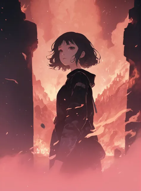 an illustration of a girl surrounded by fire, smoke and a space with a small square image, in the style of dynamic anime, light black and pink, 32k uhd, fantastical ruins, nobuo sekine, repetition, horizons