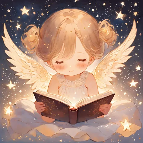 shojo. painting of a small winged girl reading a book that illuminates soft light, flying particles, stars on the background, childlike wonder, detailed, intricate, modern visual book artstyle, surreal,. manga, romantic themes, delicate art style, emotiona...