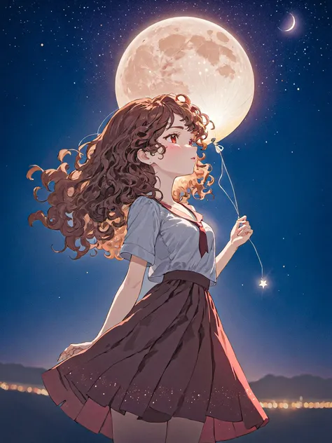 1girl, balloon, blurry, bokeh, brown_eyes, brown_hair, crescent_moon, curly_hair, earrings, full_moon, jewelry, lens_flare, lights, lips, long_hair, moon, moonlight, necklace, night, night_sky, outdoors, planet, realistic, red_moon, skirt, sky, solo, star_...