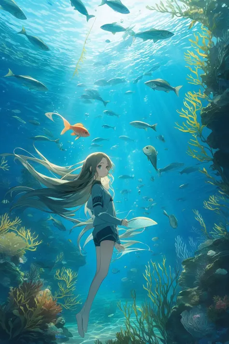 (masterpiece, best quality, highres, anime), (1girl, long hair, looking at viewer, blush, underwater, fish, ocean, vegetation),