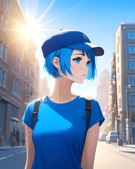 1girl, portrait, standing, short hair, blue hair, blue eyes, blue T-shirt, (cap sleeves:1.3), outdoors, city, street, blue sky, sunlight