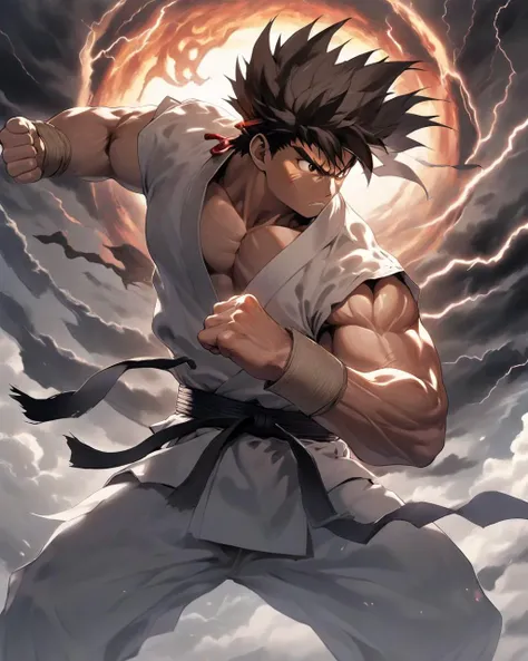 Anime, Ryu, the martial arts master, stands focused on a remote mountaintop dojo. Charging his chi, he prepares a devastating Hadouken. The skies around him grow dark, as storm clouds gather ominously, while a powerful dragon spirit, symbolic of his inner ...