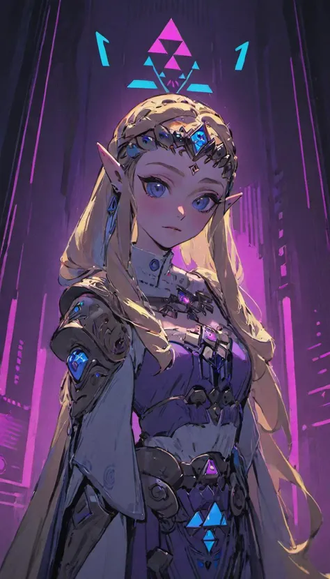 masterpiece, best quality, high quality, Cyberpunk Princess Zelda, cyberpunk style, cyberspace, neon lights, looking at viewer, smirk <lora:cyberpunk_xl_v1:1> <lora:princess_zelda_v0.0.2:1>, cinematic scene, detailed background, vivid