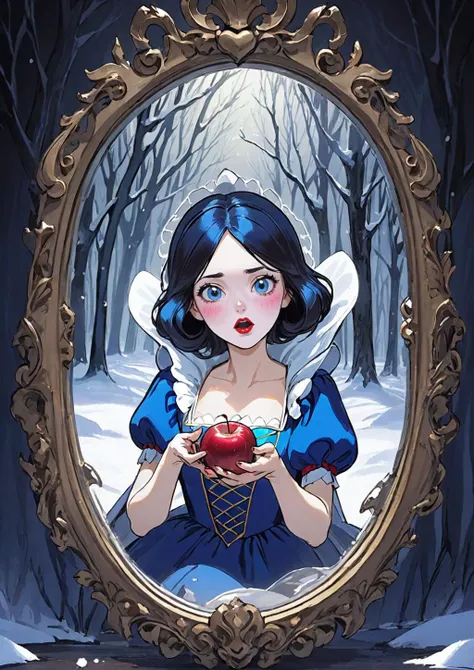 Snow White, Snow Whites traditional costume features, broken mirror, poisoned apple, master portrait, caffeine outbreak, evil cynical expression, cold tone of voice, horror atmosphere retained