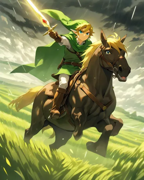 Anime, Link, the legendary hero of Hyrule, gallops on his faithful steed Epona through the expansive Hyrule fields. The world around him shifts as a menacing vortex opens up in the skies, raining down dark, shadowy creatures. The golden Triforce energy, sy...