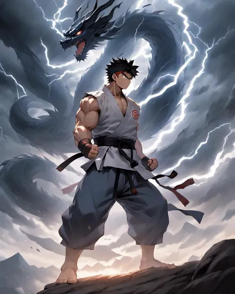 Anime, Ryu, the martial arts master, stands focused on a remote mountaintop dojo. Charging his chi, he prepares a devastating Hadouken. The skies around him grow dark, as storm clouds gather ominously, while a powerful dragon spirit, symbolic of his inner ...