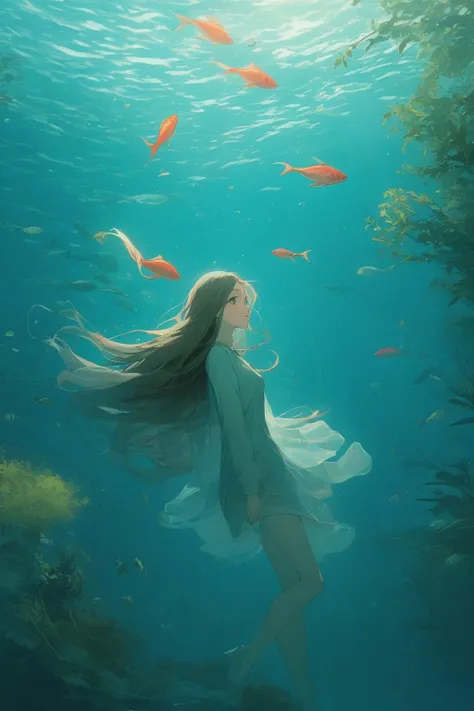 (masterpiece, best quality, highres, anime), (1girl, long hair, looking at viewer, blush, underwater, fish, ocean, vegetation),