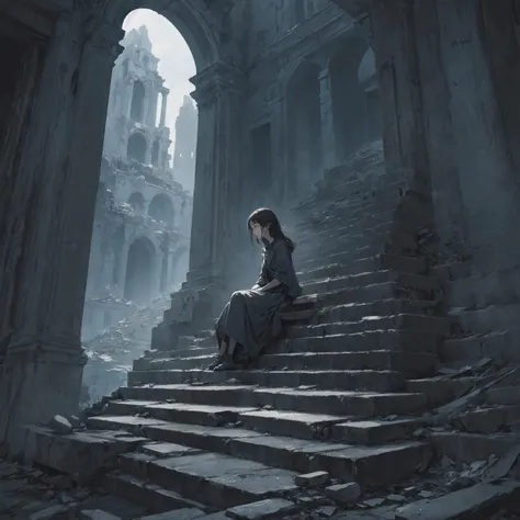 masterpiece, best quality, solo, girl sitting on a stairs, ruins, sad, gloomy, by Stephan Martinière, magical realism,