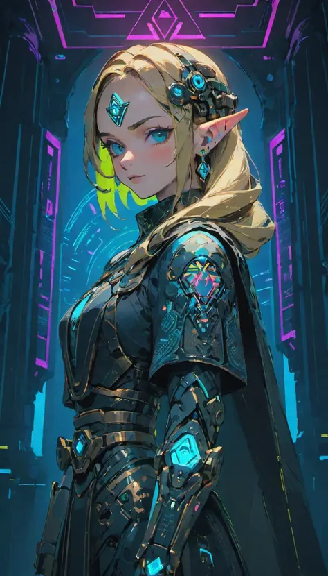 masterpiece, best quality, high quality, Cyberpunk Zelda, cyberpunk style, cyberspace, neon lights, looking at viewer, smirking, cinematic scene, detailed background, vivid