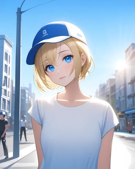 1girl, portrait, standing, short hair, blonde hair, blue eyes, white T-shirt, (cap sleeves:1.3), outdoors, city, street, blue sky, sunlight