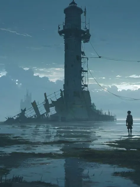 ruined lighthouse, half flooded with water, post-apocalyptic world, looking away cyborg from behind, dilapidated buildings, by makoto shinkai