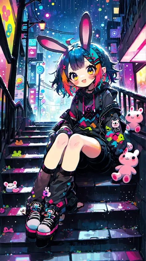 masterpiece, best quality, cyberpunk, cyberpunk art, ferris wheel, blushing cute emo woman, large headset with bunny ears, long  colorful dyed hair, smirk showing fangs, fishnet stockings, short hoodie with drawstrings, black cargo shorts, dark and snowing...