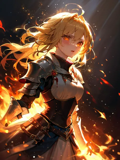 masterpiece, (aesthetic color:0.8), hot lighting,fire spark particles,perfect face,heterochromia,best quality,adult,god rays,blood,1girl,shiny skin, volumetric lighting,sweating,blonde hair,medieval armor,white cape, beautiful dark fantasy background, expr...