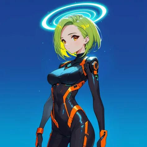 <lora:040790-000004:1> 040790 woman, <lora:Bodysuit v13:0.8> 1girl, petite, bodysuit, background, cyberpunk, neon color, science fiction, medium breasts, orange vest,