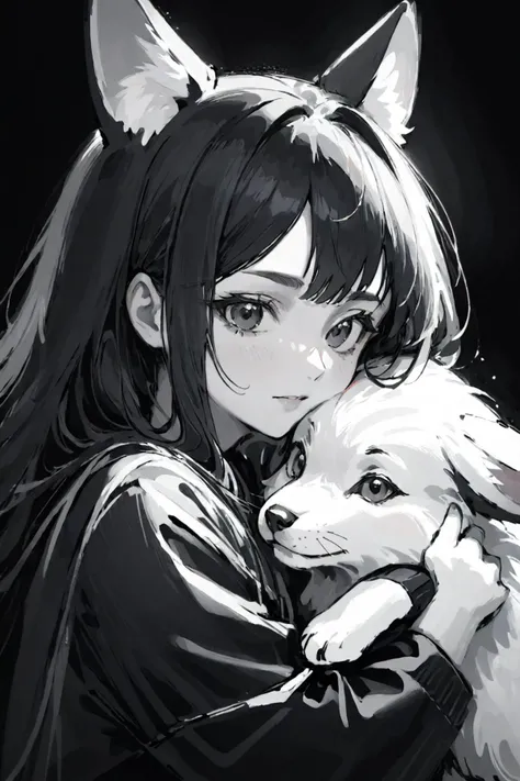 score_9, score_8_up, score_7_up, wolf ears, 1girl, hugging a bunny, portrait, <lora:inkXLANI31lokrV43P1:0.8> monochrome, <lora:ClearHand-V2:0.8>, Extreme Details