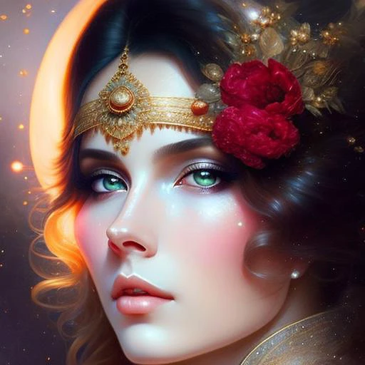 beautiful portrait of a gorgeous princess, beautiful princess, round shaped face, round button nose, glowing glass skin, sparkli...