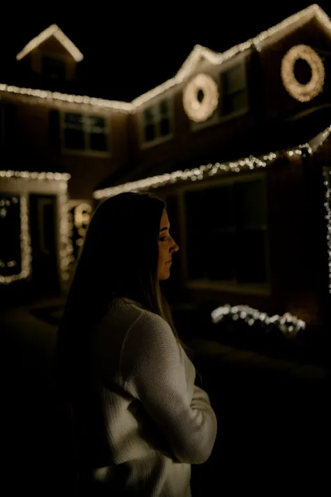 arafed woman standing in front of a house with christmas lights