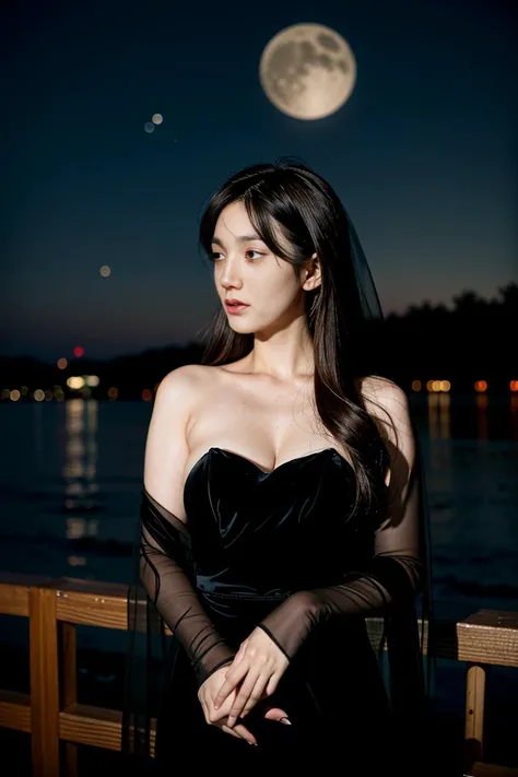 (half asian) woman, (thick:0.3), (pale skin:1.1), 25 y/o, revealing black dress, veil, sexy, <lora:CleavageHelper-v1:0.4> cleavage, (brown hair:1.2), (wavy hair:0.75), no bangs, crescent moon, starry sky, at night, solo focus, <lora:nighttime_v1:0.6> <lora...