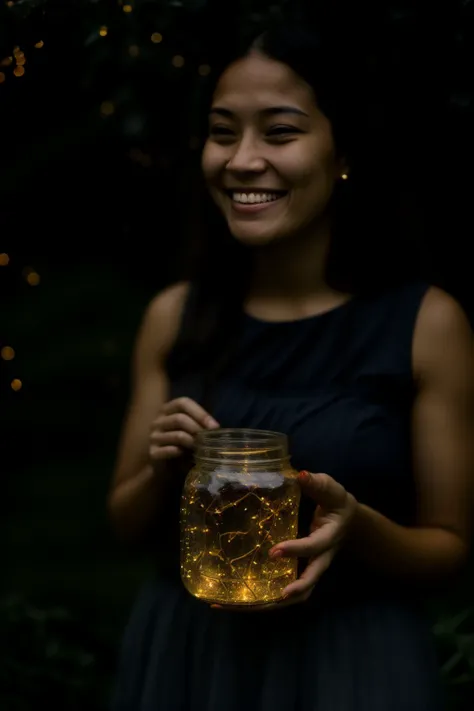 arafed woman holding a jar of fireflies in her hands