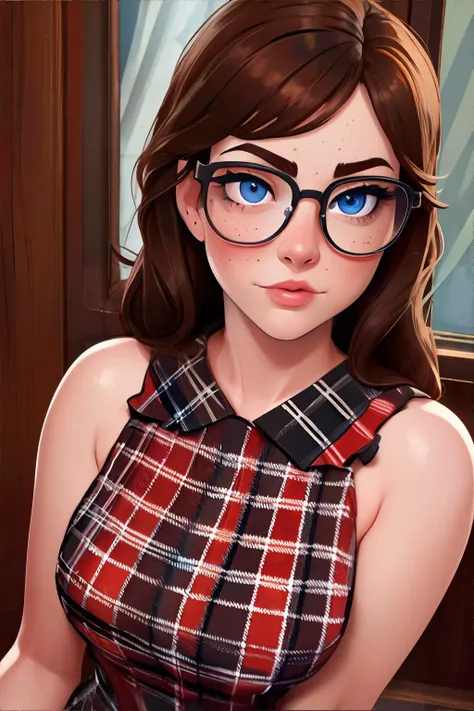 a woman with glasses and a plaid dress is posing for a picture